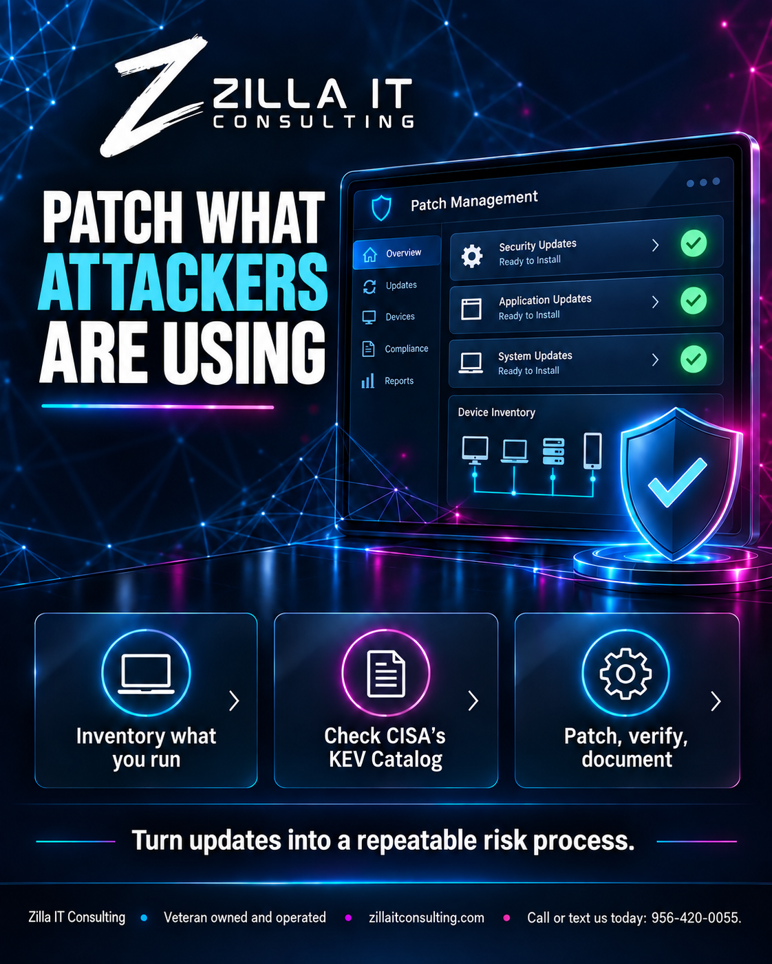 Patch What Attackers Are Using: inventory your systems, check CISA’s KEV Catalog, and patch, verify and document.
